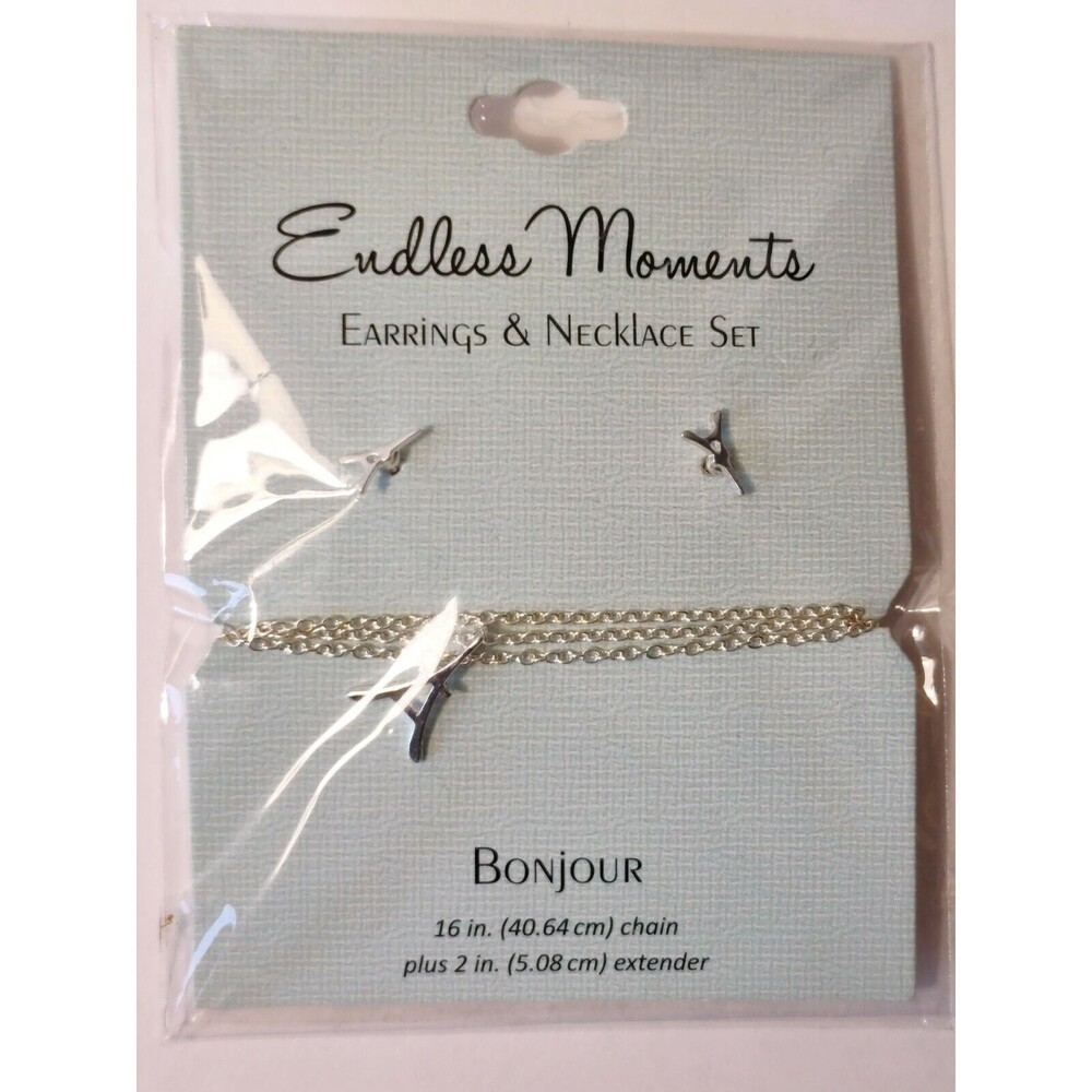 Endless Moments Eiffel Tower Bonjour Paris Silver Tone Earrings Necklace Set
